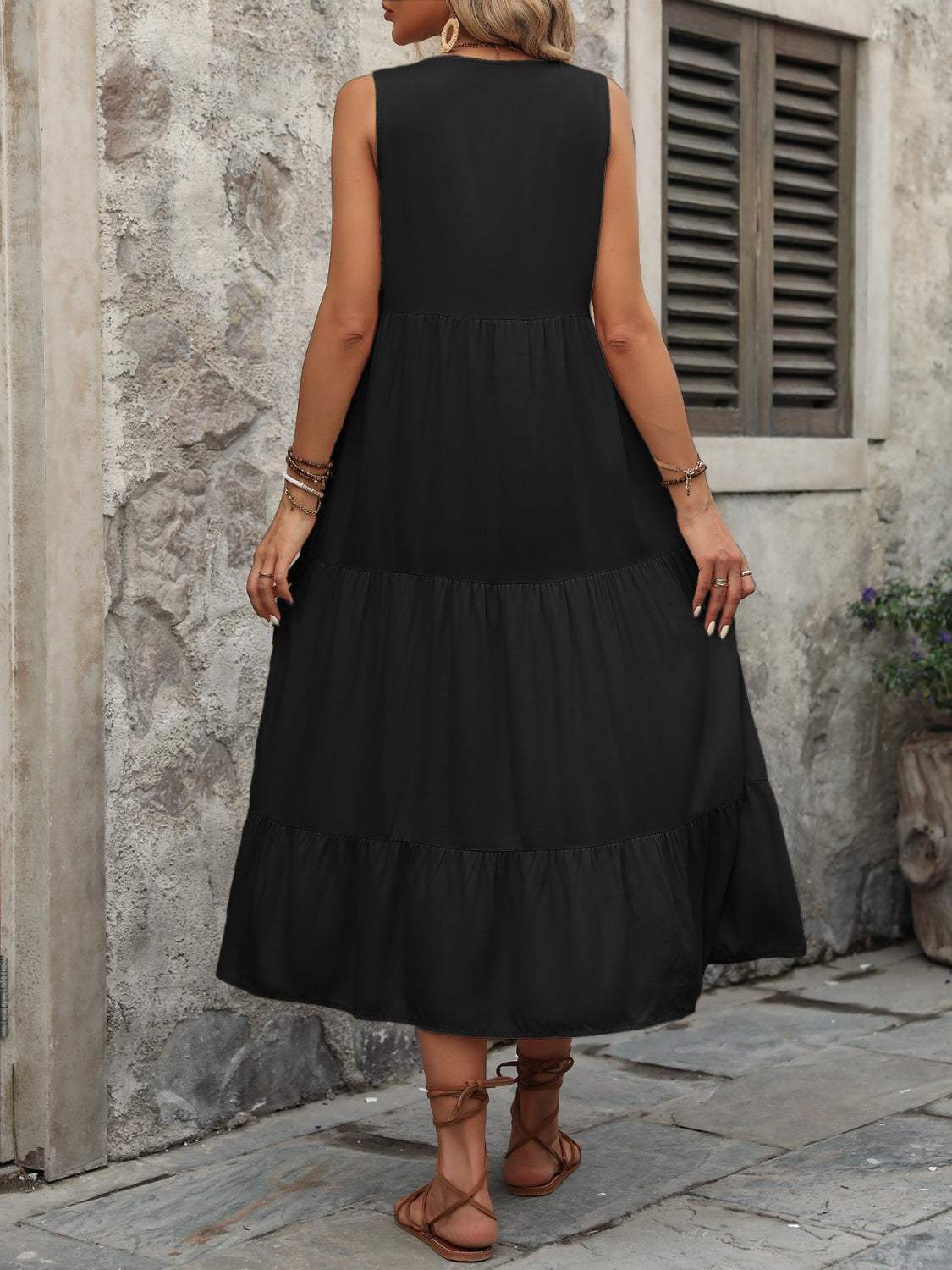 Decorative Button Notched Sleeveless Dress - Trendsi - Flyclothing LLC