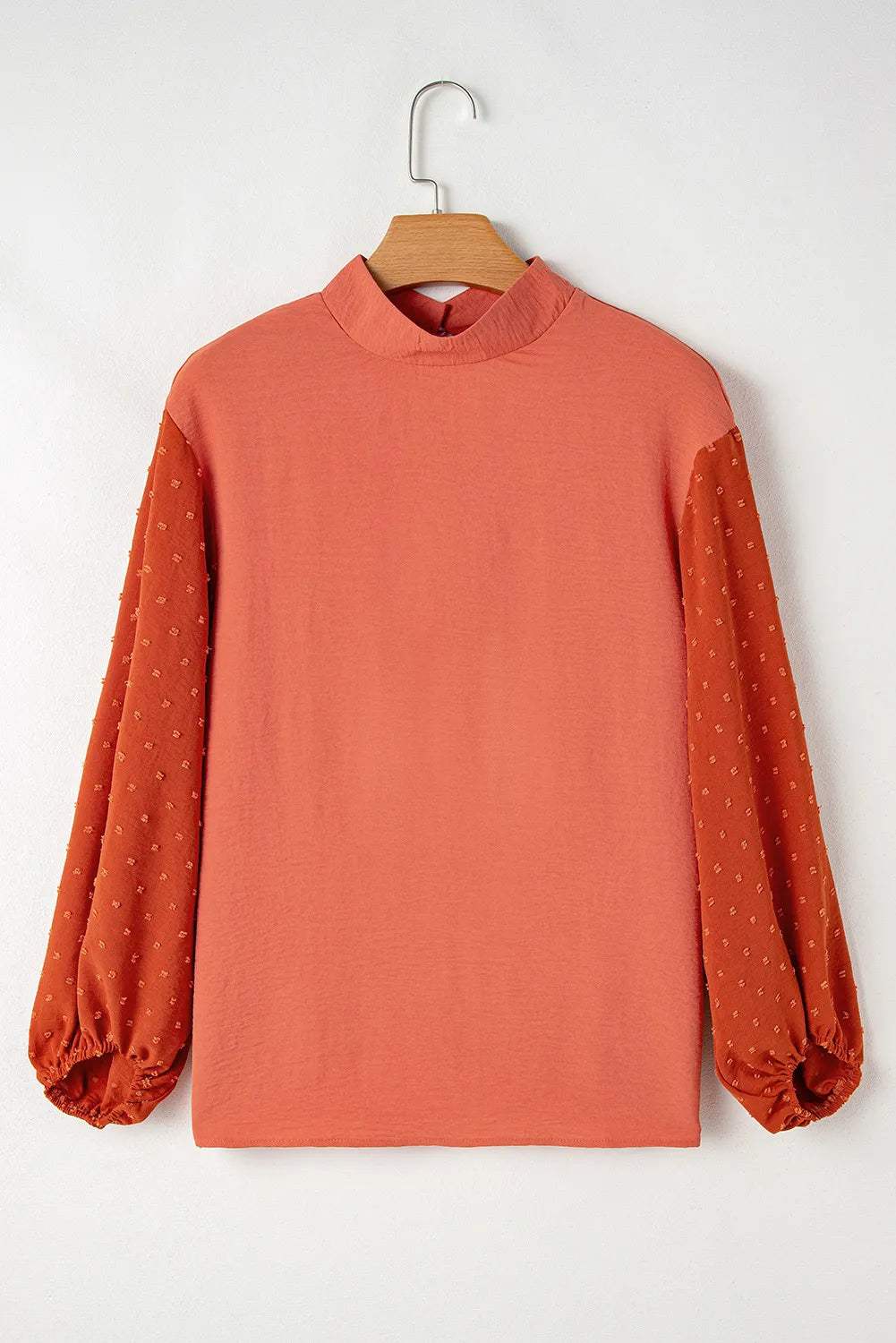 Swiss Dot Mock Neck Balloon Sleeve Blouse - Trendsi - Flyclothing LLC