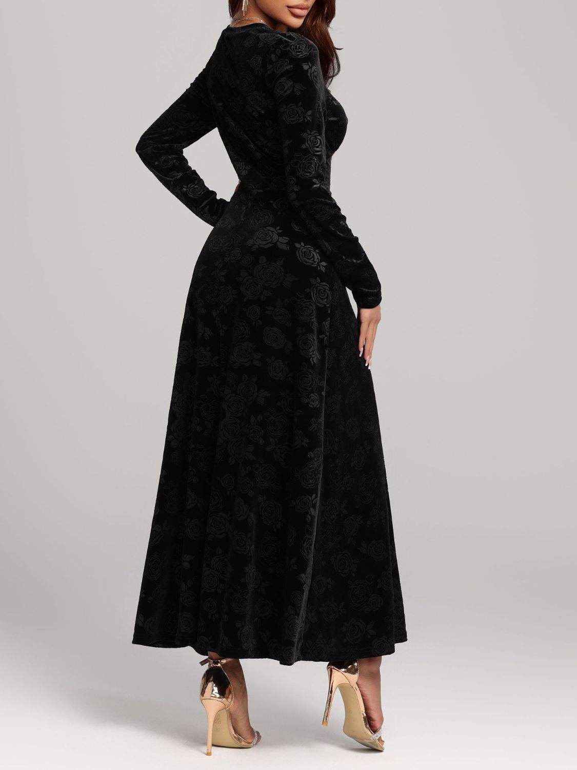Rose Print V-Neck Long Sleeve Dress - Trendsi - Flyclothing LLC