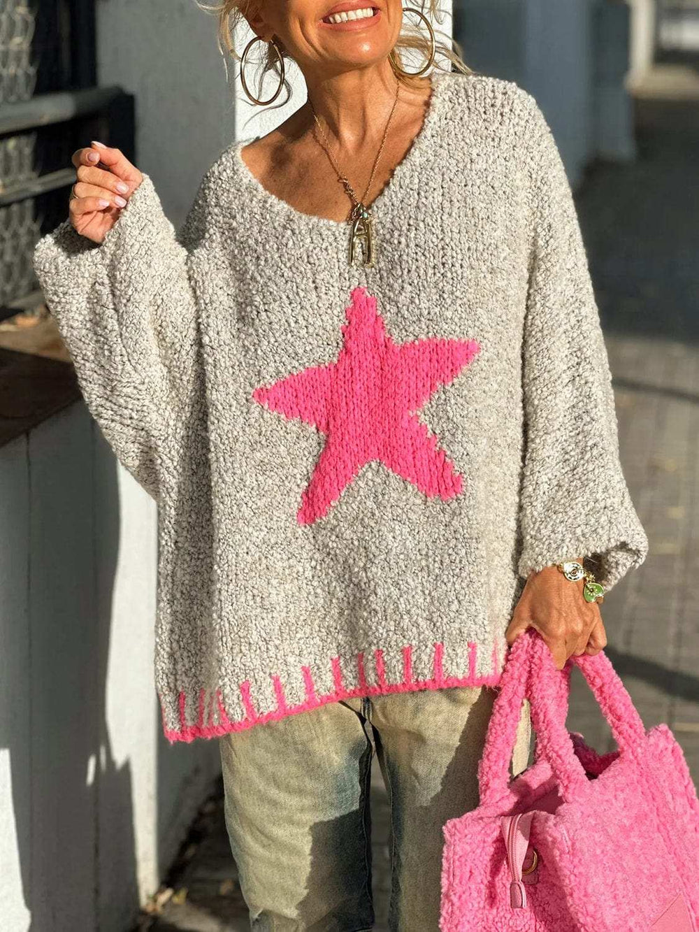 Star V-Neck Long Sleeve Oversize Sweater - Trendsi - Flyclothing LLC