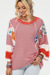 Striped Floral Patchwork Round Neck Top - Trendsi - Flyclothing LLC