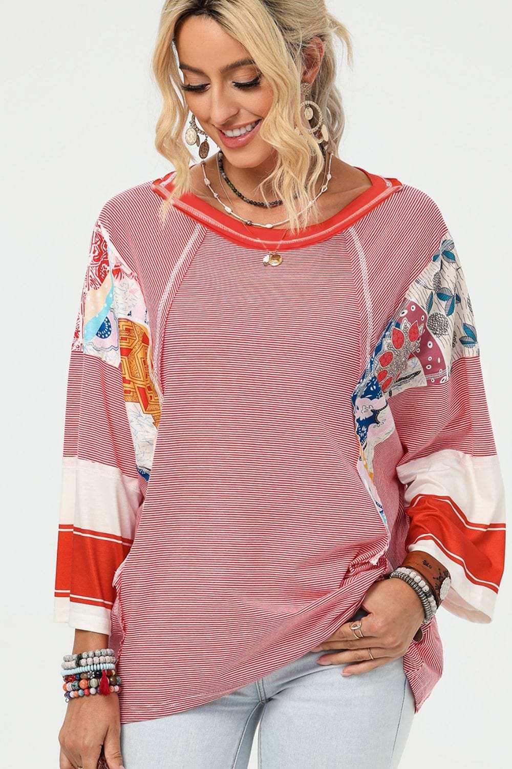 Striped Floral Patchwork Round Neck Top - Trendsi - Flyclothing LLC