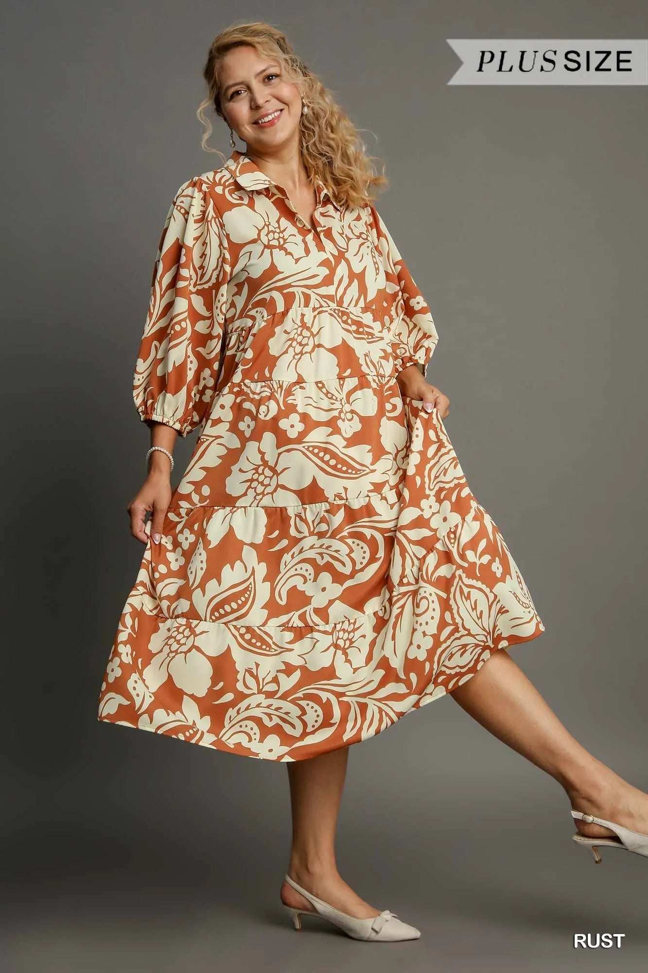 Umgee Full Size Floral Tiered Midi Shirt Dress Plus Size - Trendsi - Flyclothing LLC