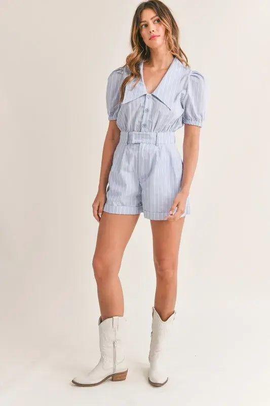 MABLE Striped Puff Sleeve Collared Neck Romper - Trendsi - Flyclothing LLC