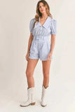 MABLE Striped Puff Sleeve Collared Neck Romper - Trendsi - Flyclothing LLC