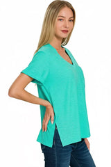 Zenana Slub Rolled Short Sleeve V-Neck Tee - Trendsi - Flyclothing LLC