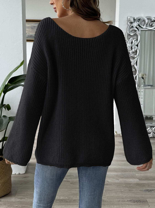 Heart Boat Neck Dropped Shoulder Sweater - Trendsi - Flyclothing LLC