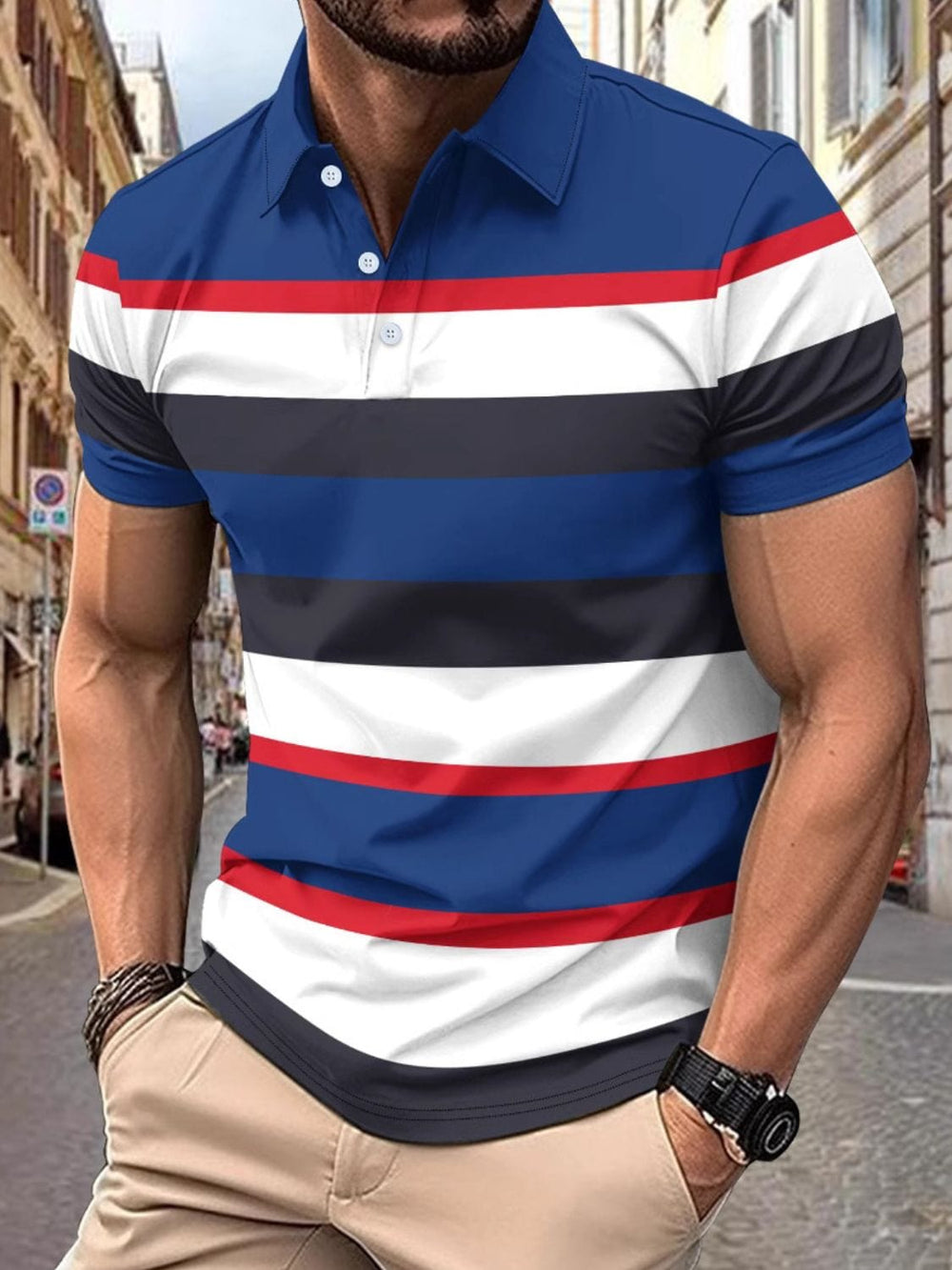 Men's Full Size Collared Short Sleeve Striped Polo Plus Size - Trendsi