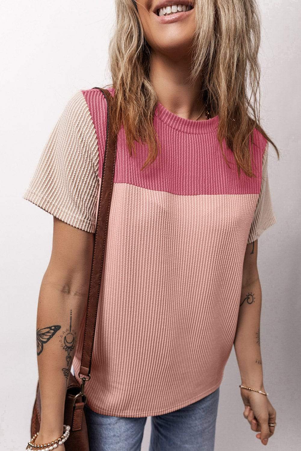 Color Block Round Neck Short Sleeve T-Shirt - Trendsi - Flyclothing LLC