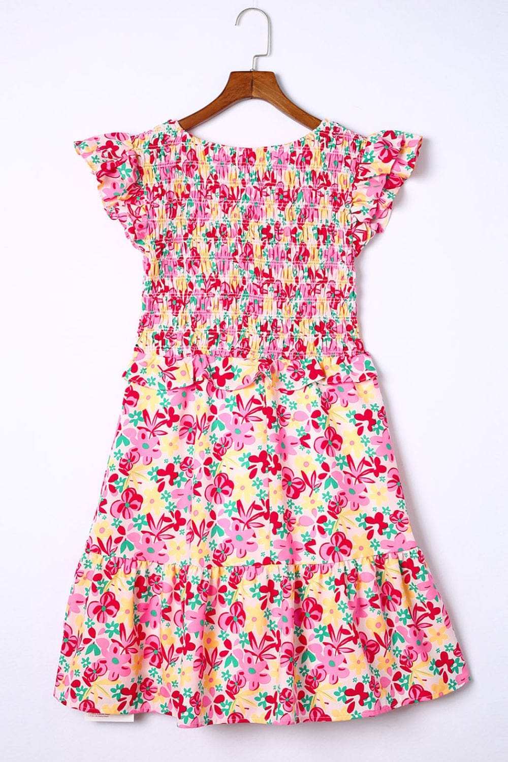 Smocked Floral V-Neck Ruffled Cap Sleeve Dress - Trendsi - Flyclothing LLC
