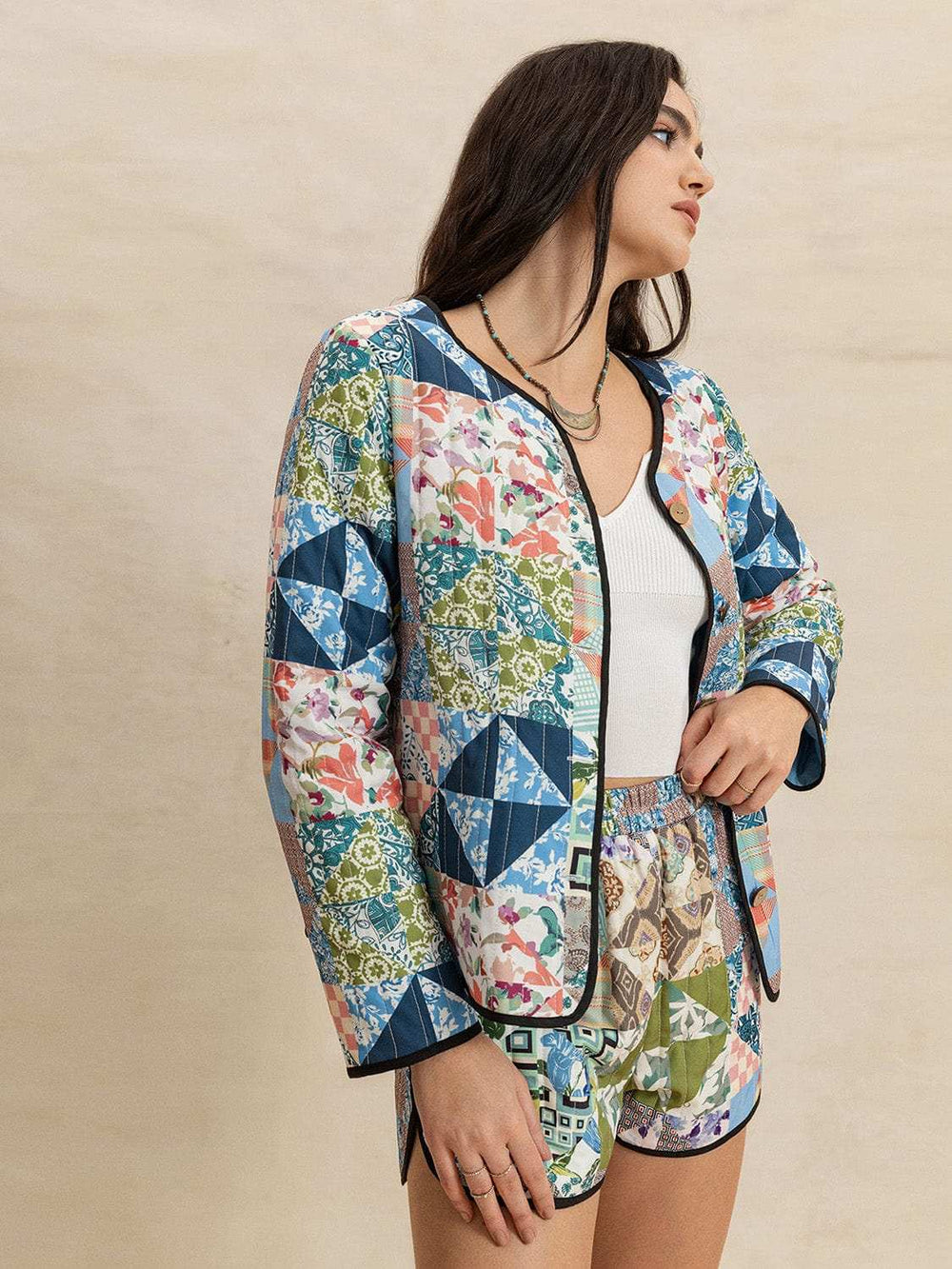 Printed Button Up Long Sleeve Outerwear and Shorts Set - Trendsi - Flyclothing LLC
