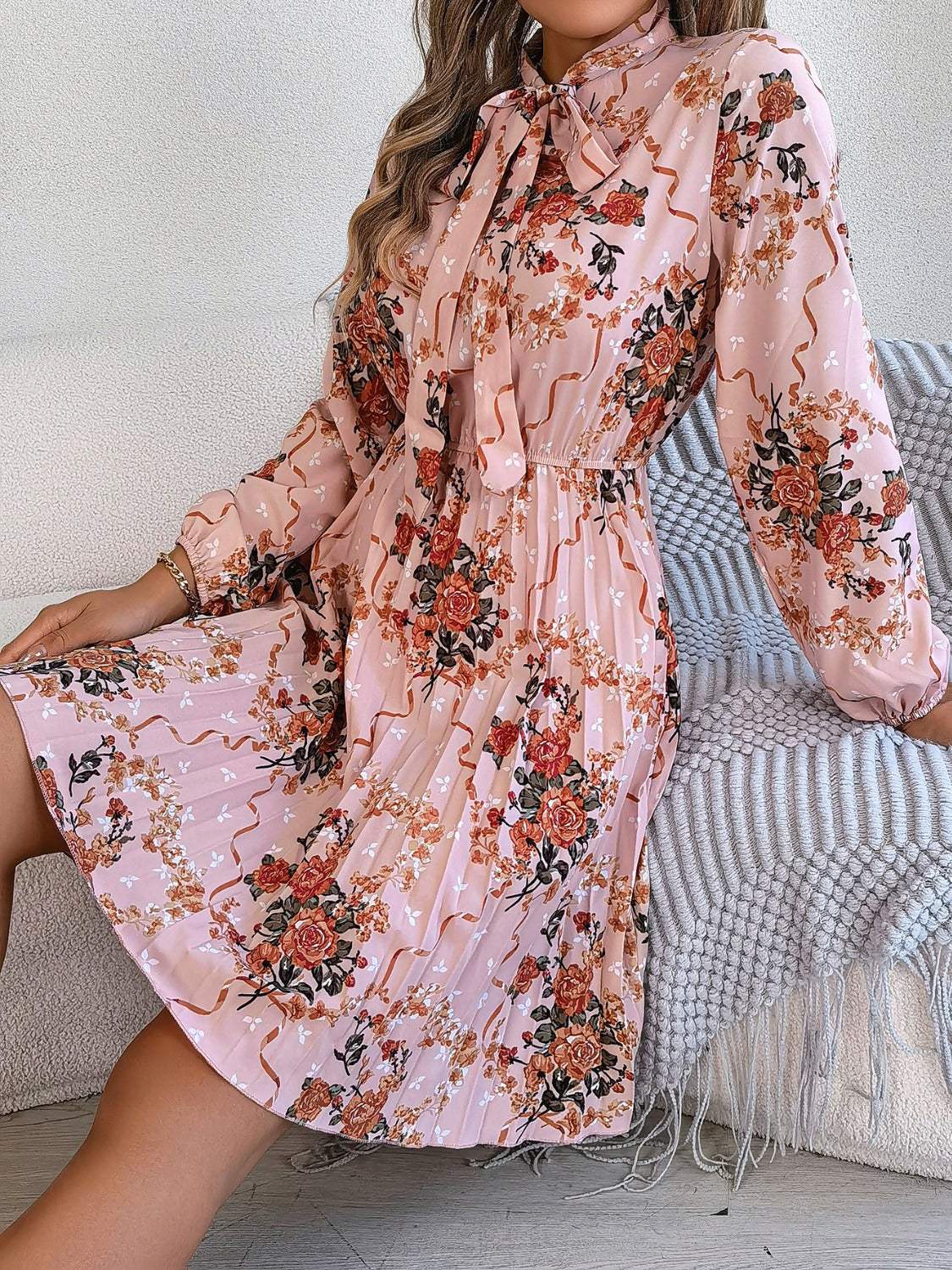 Pleated Printed Tie Neck Long Sleeve Dress - Trendsi - Flyclothing LLC