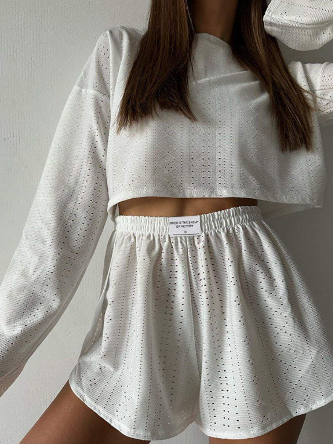Eyelet Round Neck Top and Shorts Set - Trendsi - Flyclothing LLC