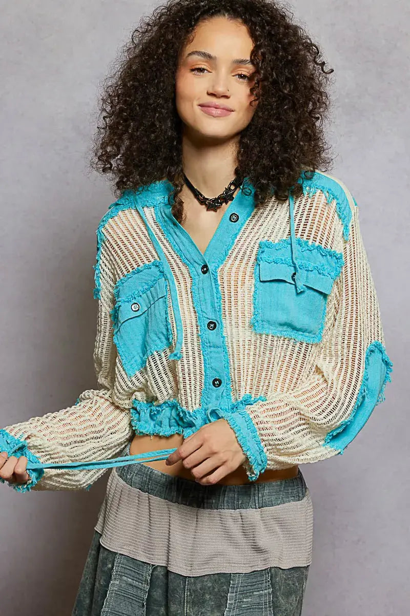 POL Texture Woven Button Down Hooded Shirt with Drawstring Hem - Trendsi - Flyclothing LLC