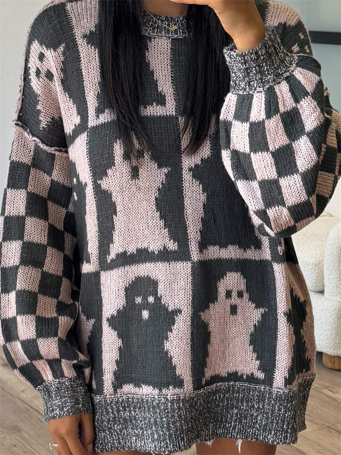 Ghost Dropped Shoulder Long Sleeve Sweater - Trendsi - Flyclothing LLC