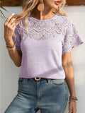 Round Neck Short Sleeve Crochet Top - Trendsi