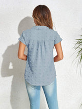 Swiss Dot Button Up Cap Sleeve Shirt - Trendsi - Flyclothing LLC