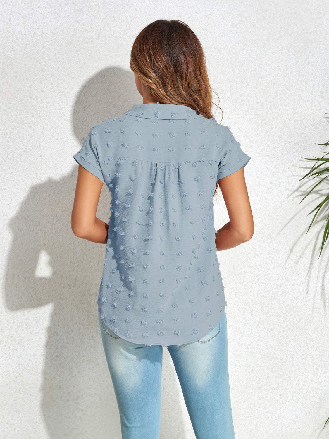 Swiss Dot Button Up Cap Sleeve Shirt - Trendsi - Flyclothing LLC