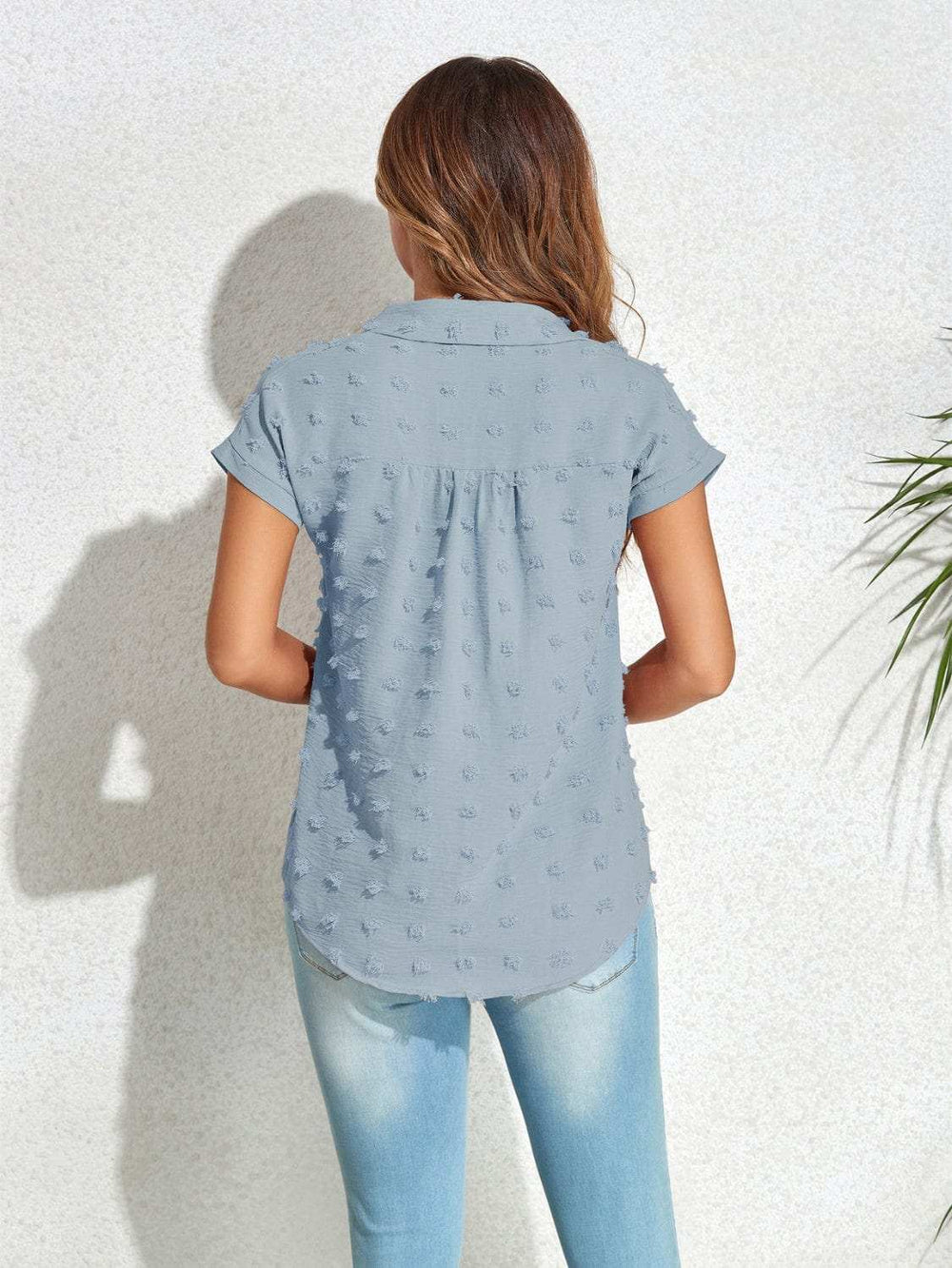 Swiss Dot Button Up Cap Sleeve Shirt - Trendsi - Flyclothing LLC