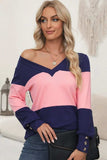 Color Block V-Neck Long Sleeve Top - Trendsi - Flyclothing LLC