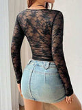 Round Neck Long Sleeve Lace Sheer Top - Trendsi - Flyclothing LLC