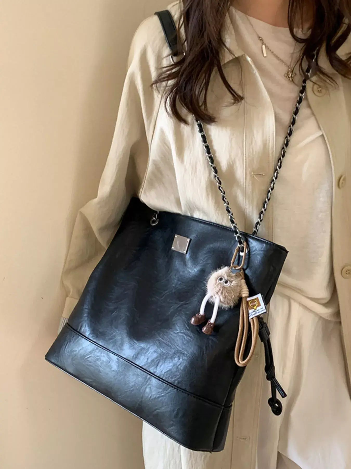 Chain Strap Faux Leather Tote Bag - Trendsi - Flyclothing LLC