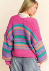 Contrast Striped Open Front Long Sleeve Cardigan - Trendsi - Flyclothing LLC