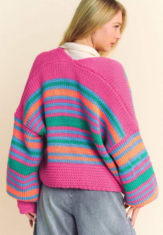 Contrast Striped Open Front Long Sleeve Cardigan - Trendsi - Flyclothing LLC