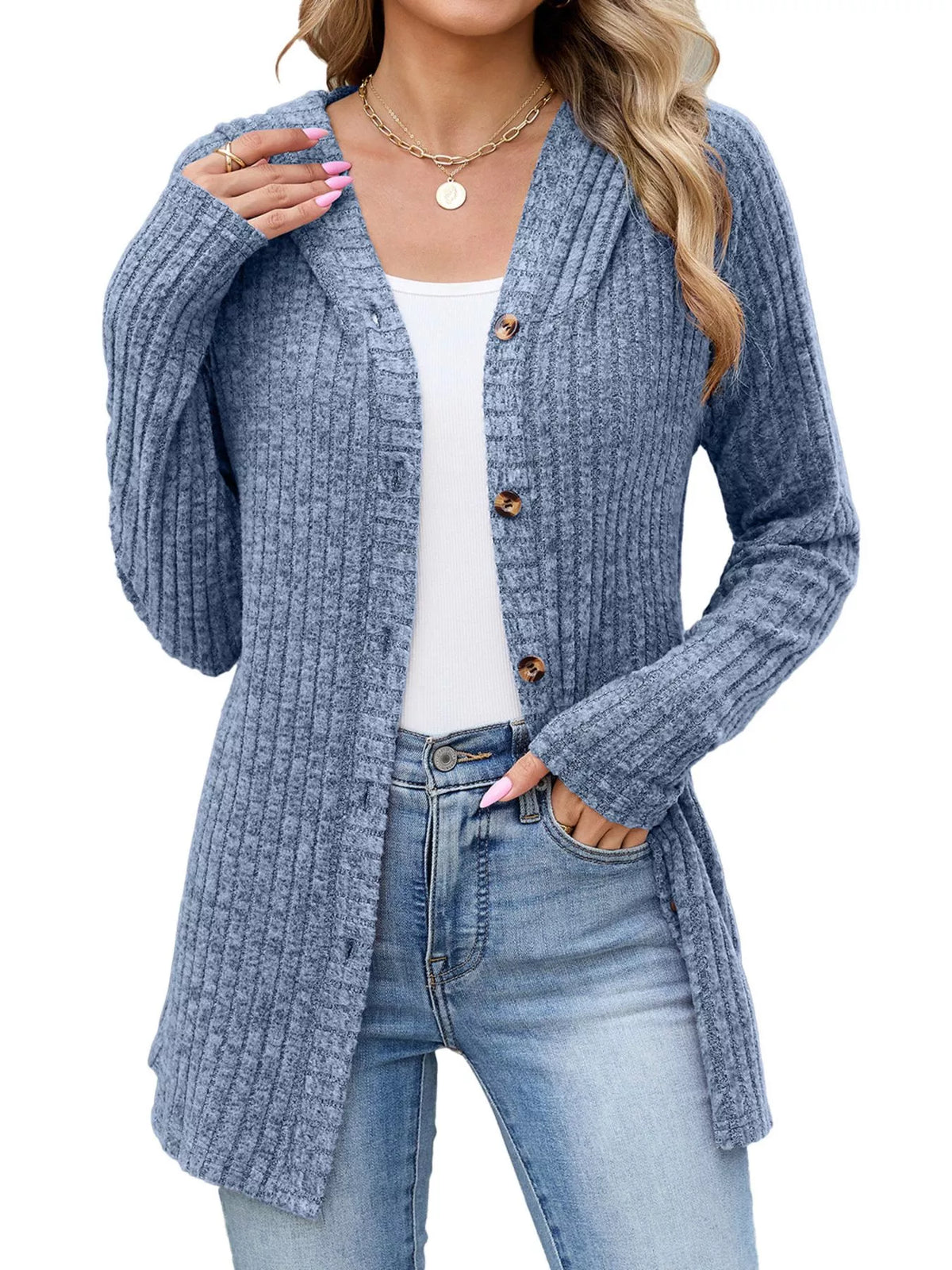 Ribbed Knit Hooded Button-Down Cardigan - Trendsi - Flyclothing LLC