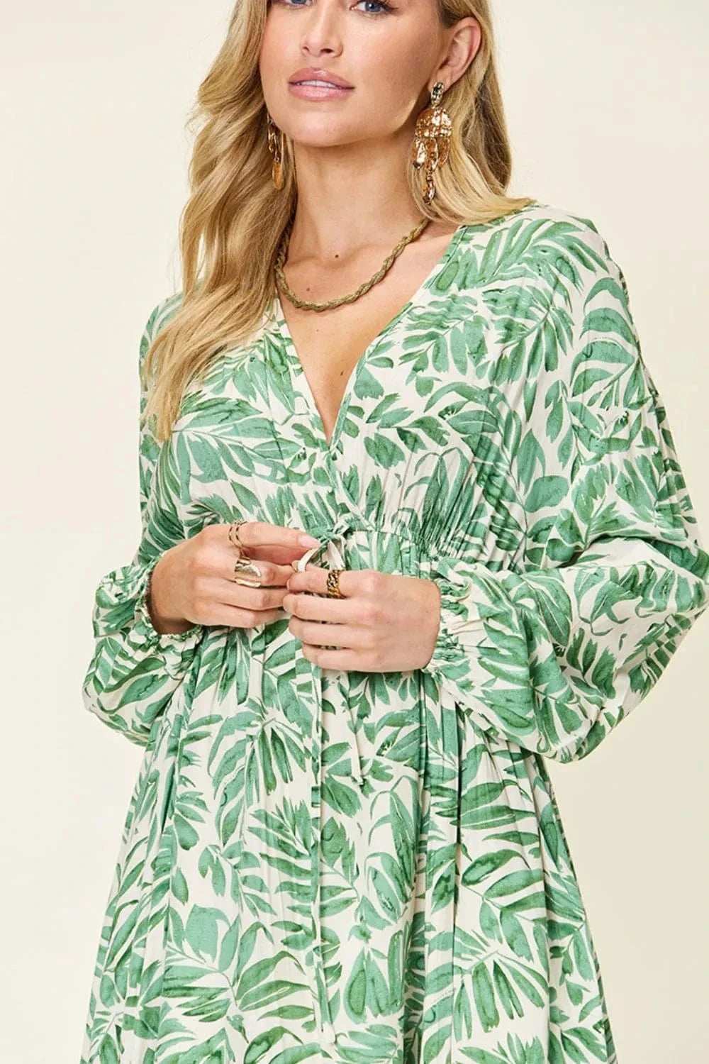 Double Take Full Size Printed Ruched Balloon Sleeve Dress - Trendsi - Flyclothing LLC