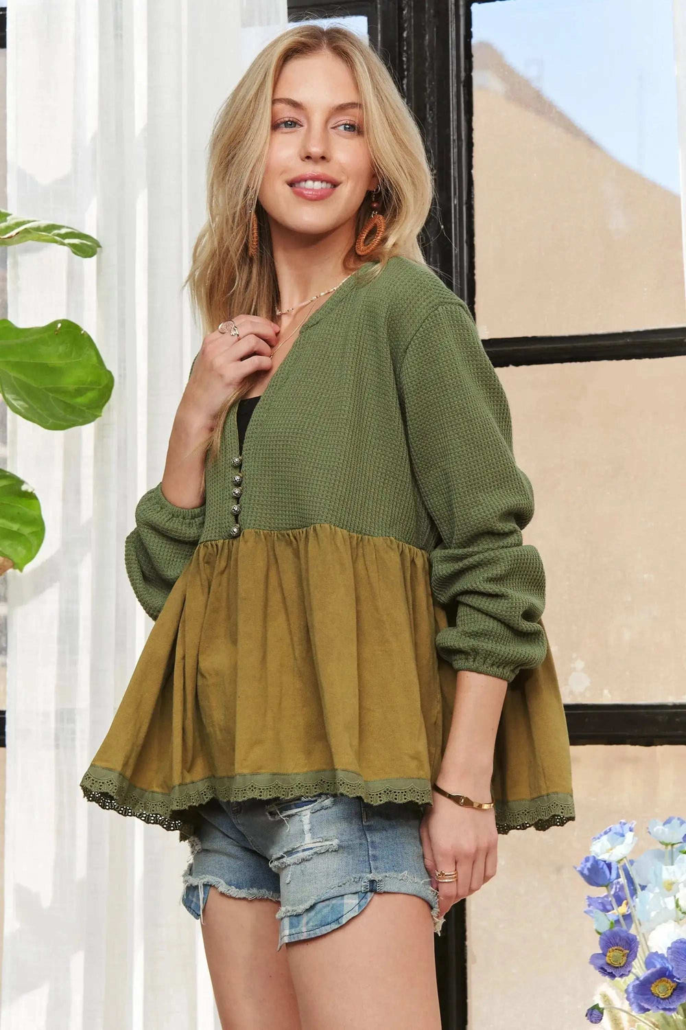 ADORA Mineral Washed Babydoll Tunic Top - Trendsi - Flyclothing LLC