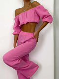 Off Shoulder Long Sleeve Top and Pants Set - Trendsi - Flyclothing LLC