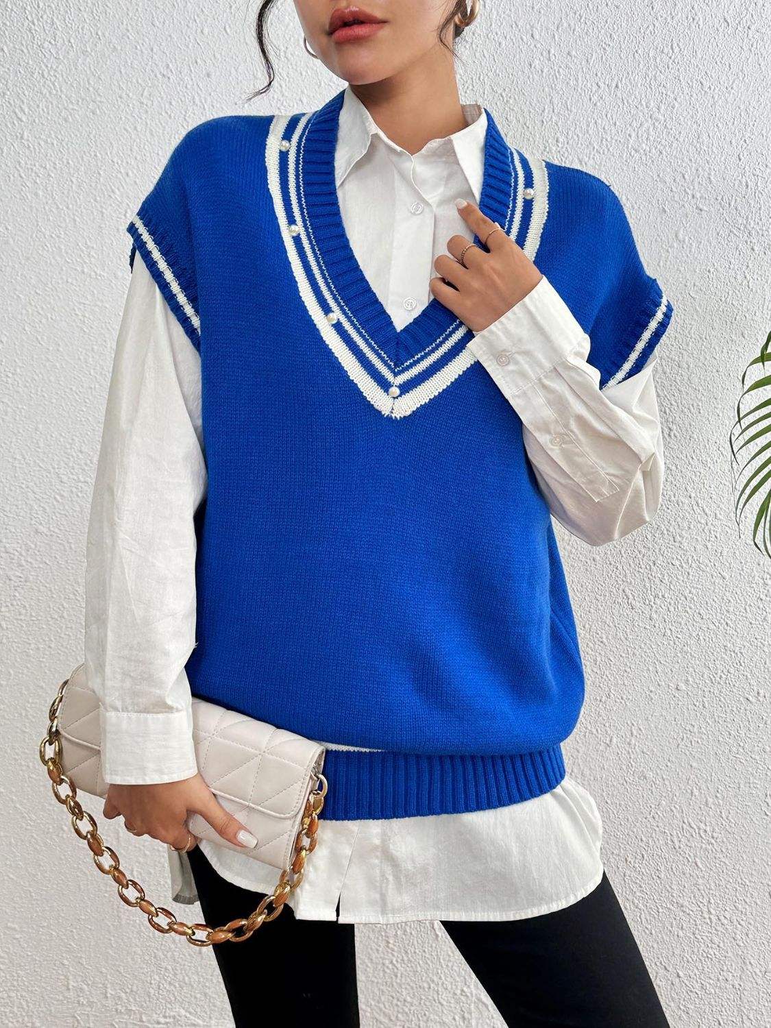 Pearl Trim Contrast V-Neck Sweater Vest - Trendsi - Flyclothing LLC