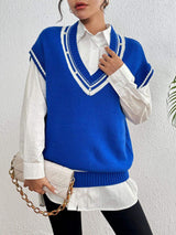 Pearl Trim Contrast V-Neck Sweater Vest - Trendsi - Flyclothing LLC