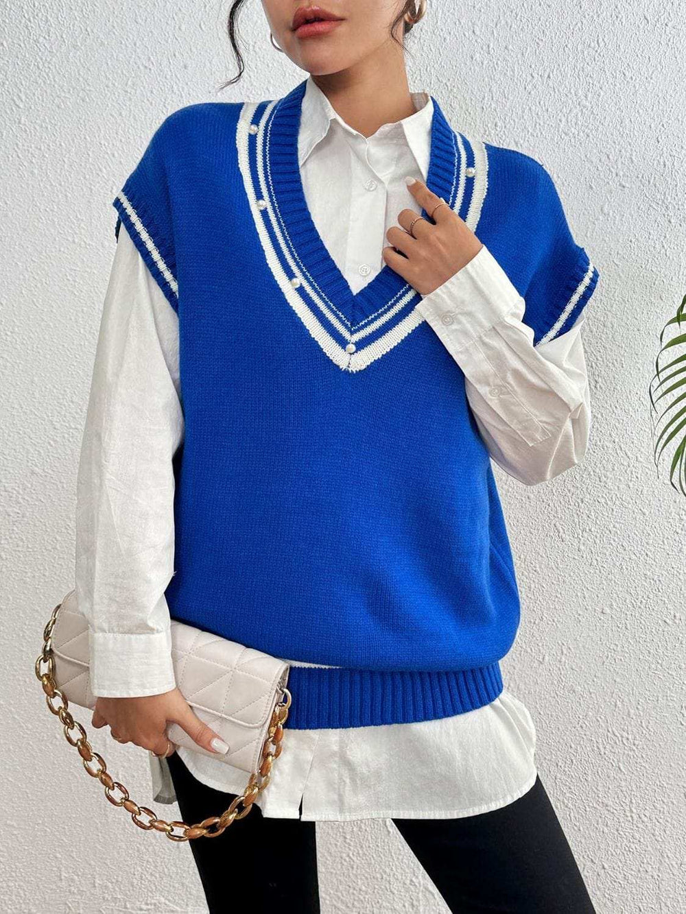 Pearl Trim Contrast V-Neck Sweater Vest - Trendsi - Flyclothing LLC