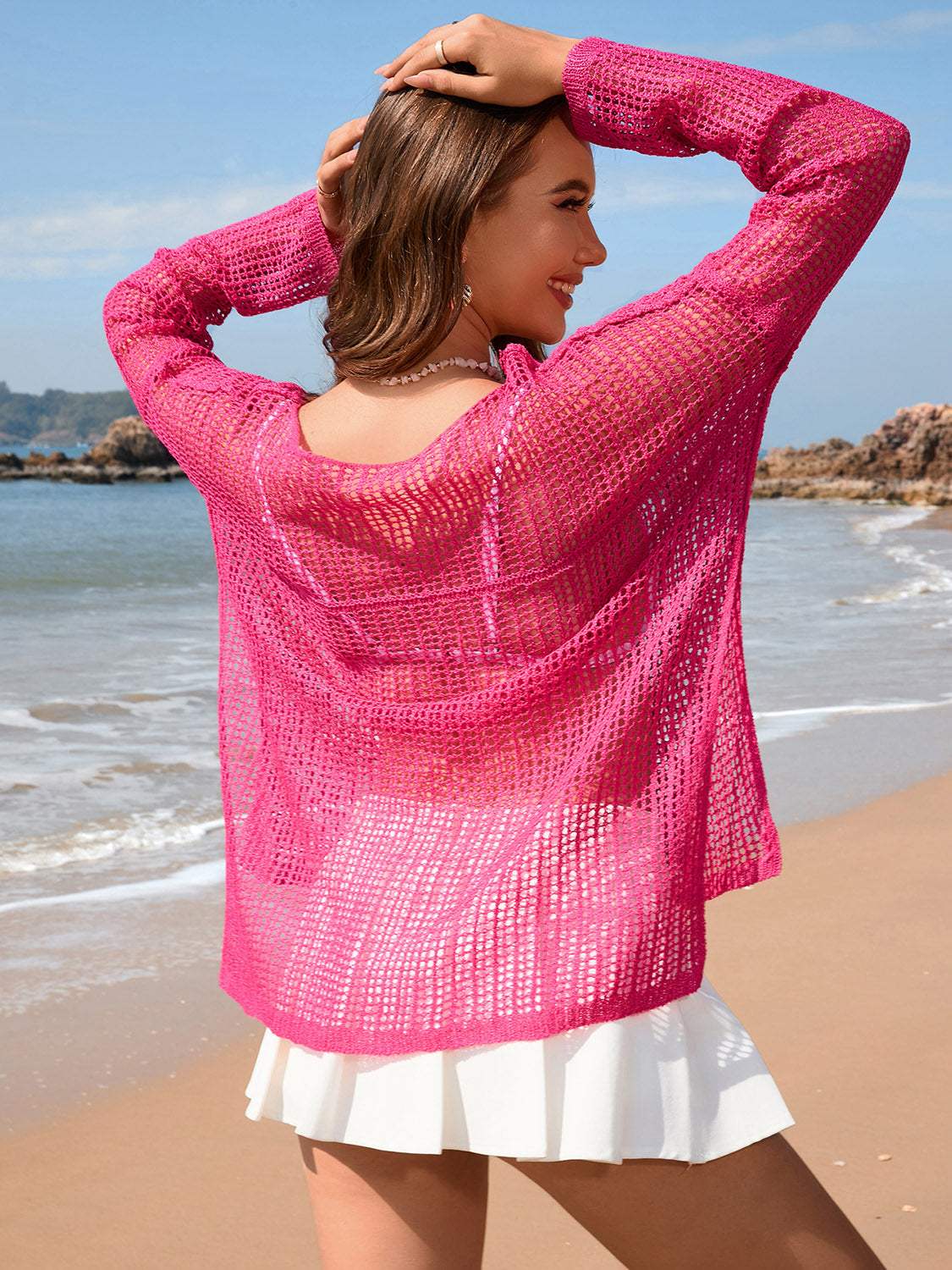 Openwork Slit Boat Neck Long Sleeve Cover-Up - Trendsi - Flyclothing LLC