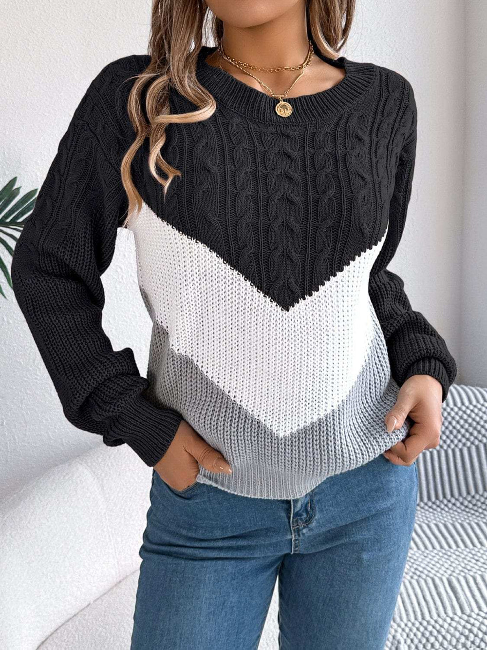 Cable-Knit Color Block Round Neck Sweater - Trendsi - Flyclothing LLC