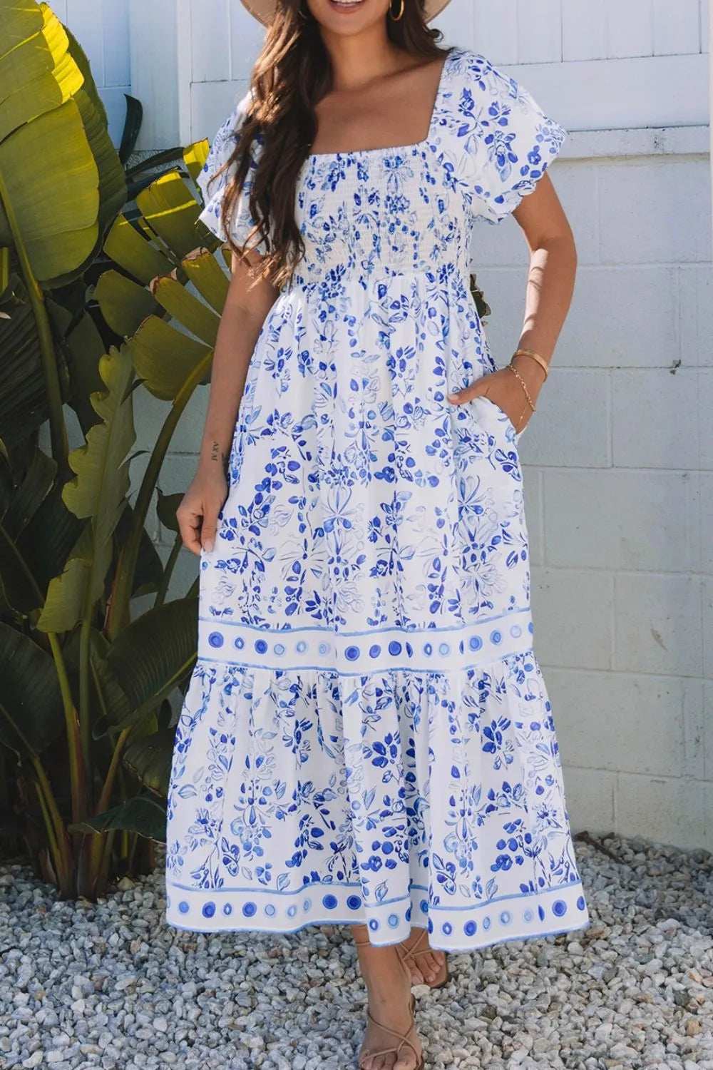 Smocked Printed Square Neck Puff Sleeve Dress - Trendsi - Flyclothing LLC