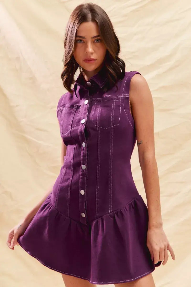 SO ME Button Down Sleeveless Collared Game Day Mini Dress - Trendsi - Flyclothing LLC