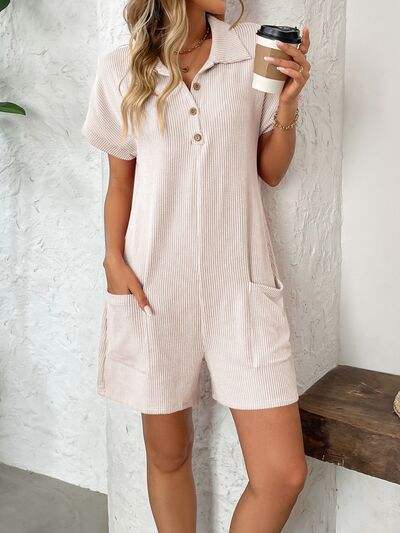 Button Detail Collared Neck Short Sleeve Romper - Trendsi - Flyclothing LLC