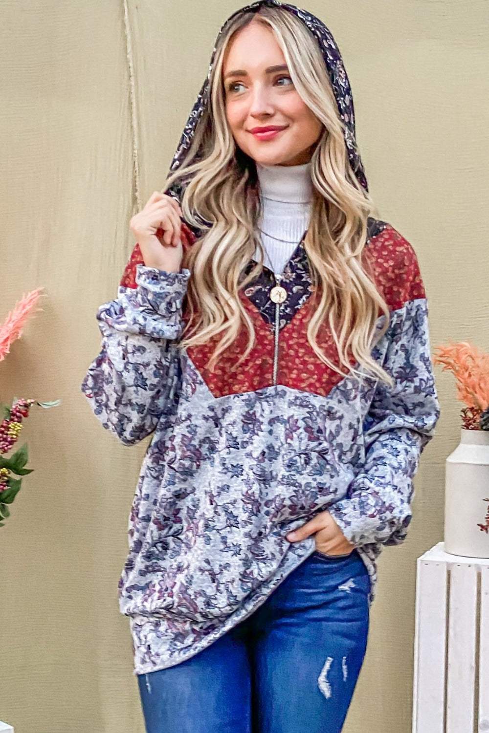 And The Why Printed Half Zip Up Long Sleeve Hoodie - Trendsi - Flyclothing LLC