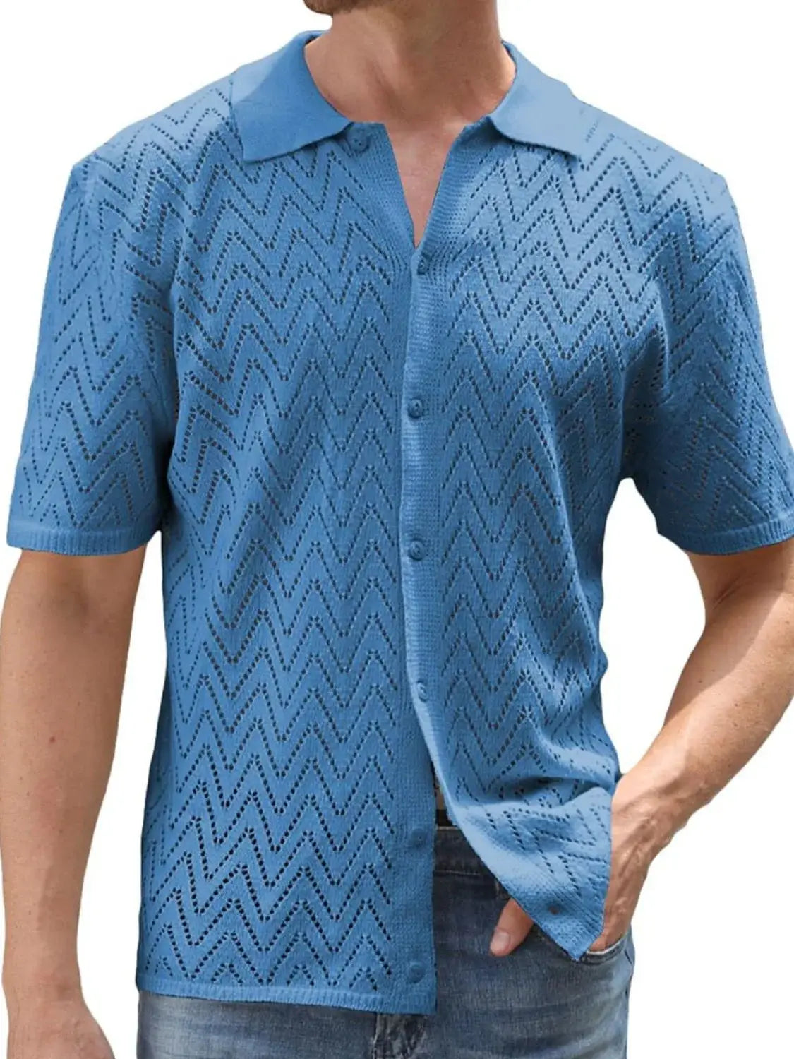 Open Work Button Men's Full Size Openwork Button Down Short Sleeve Shirt Plus Size ...