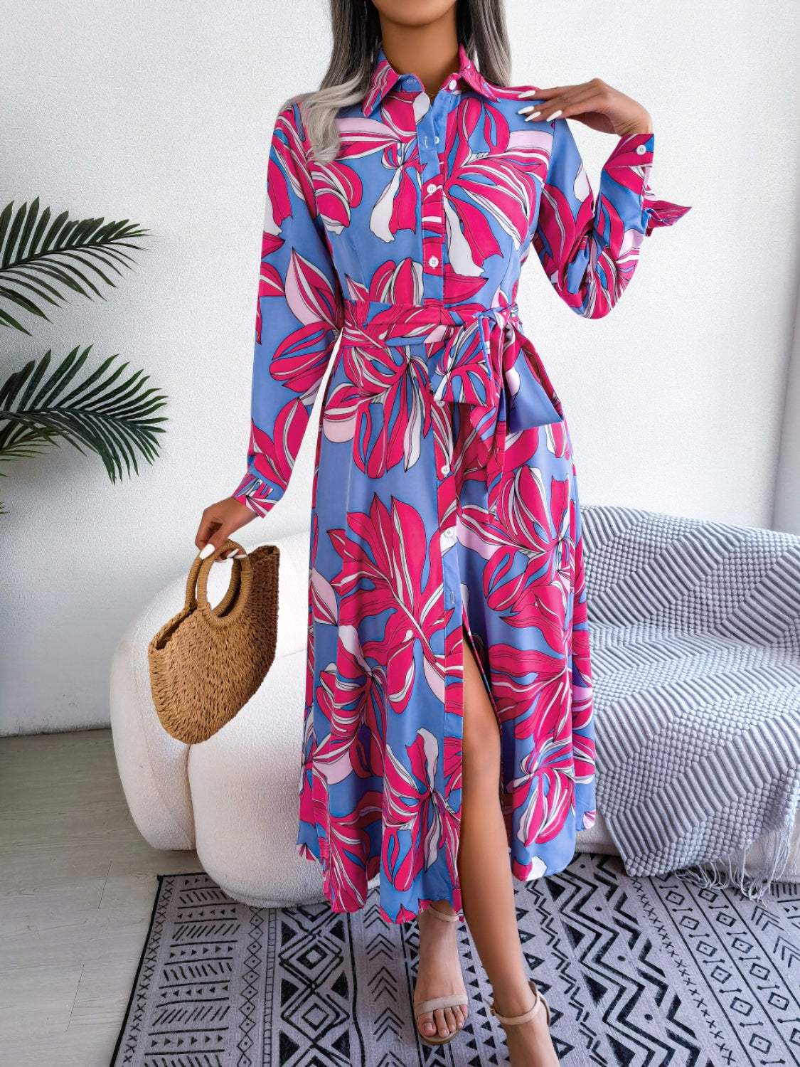 Tied Button Up Long Sleeve Dress - Trendsi - Flyclothing LLC
