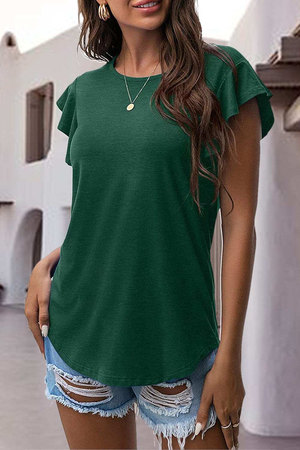 Ruffled Round Neck Cap Sleeve Blouse - Trendsi - Flyclothing LLC