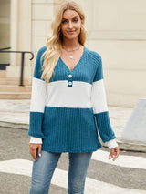 Color Block V-Neck Long Sleeve T-Shirt - Trendsi - Flyclothing LLC