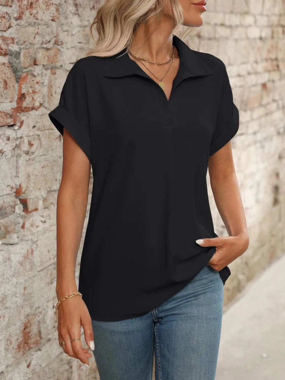 Collared Neck Short Sleeve Blouse - Trendsi - Flyclothing LLC