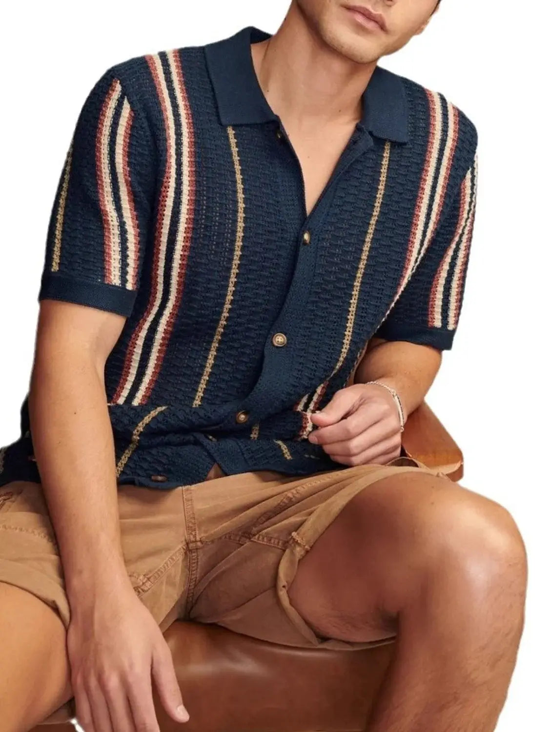 Men's Plus Size Striped Collared Neck Short Sleeve Shirt - Trendsi - Flyclothing LLC