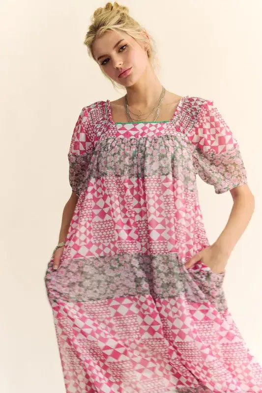 Davi & Dani Multi Floral Square Neck Puff Sleeve Maxi Dress - Trendsi - Flyclothing LLC
