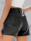 Rhinestone Washed High Waist Denim Shorts - Trendsi - Flyclothing LLC
