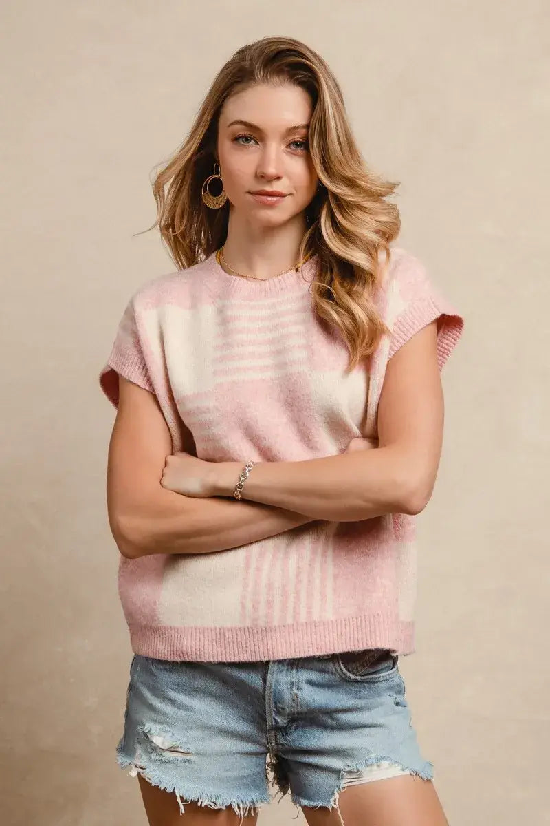 BiBi Checker With Stripes Pattern Sleeveless Sweater - Trendsi - Flyclothing LLC